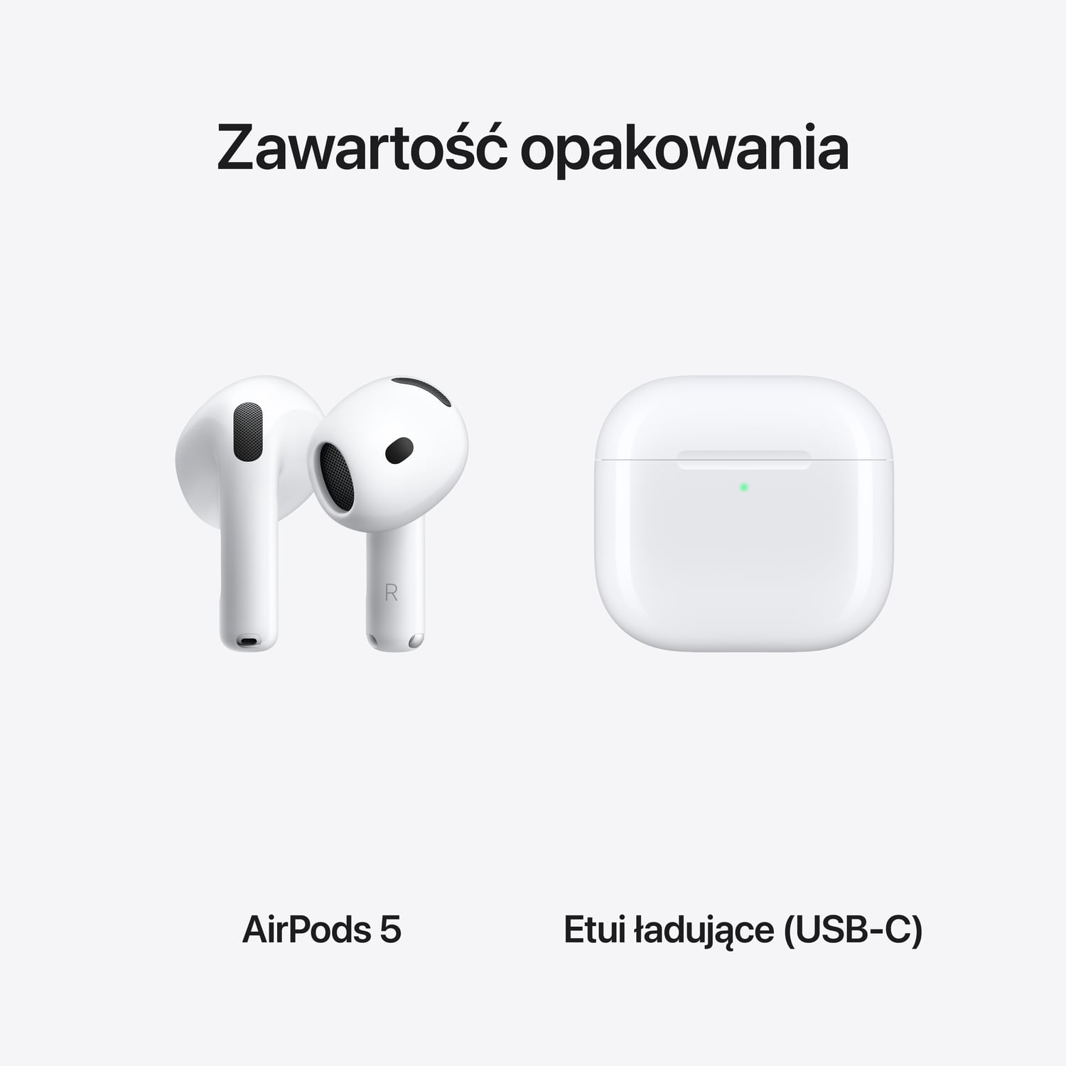 Apple AirPods 5 z etui ładującym USB-C - Białe - zawartość opakowania Apple AirPods 5 z etui ładującym USB-C - Białe - zawartość opakowania