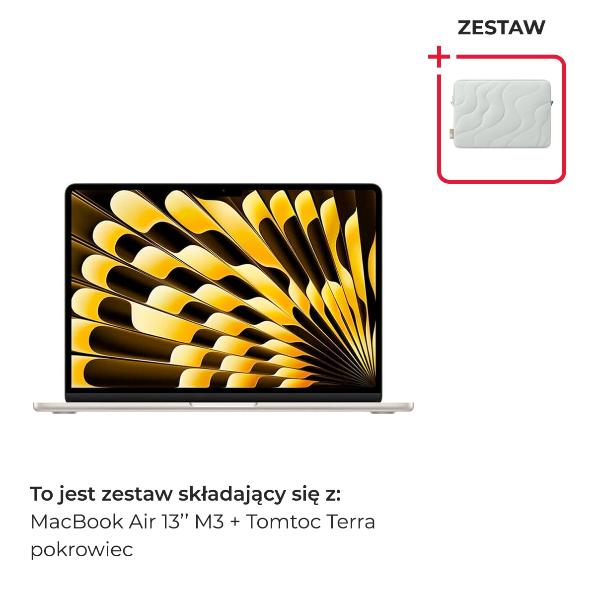 Apple MacBook Air 13 M3 8-core CPU + 10-core GPU / 16GB / 512GB SSD / Klawiatura US / Księżycowa poświata (Starlight) + Tomtoc Terra-A27 Pikowany pokrowiec - Jeziorny błękit (Lakeshore) 