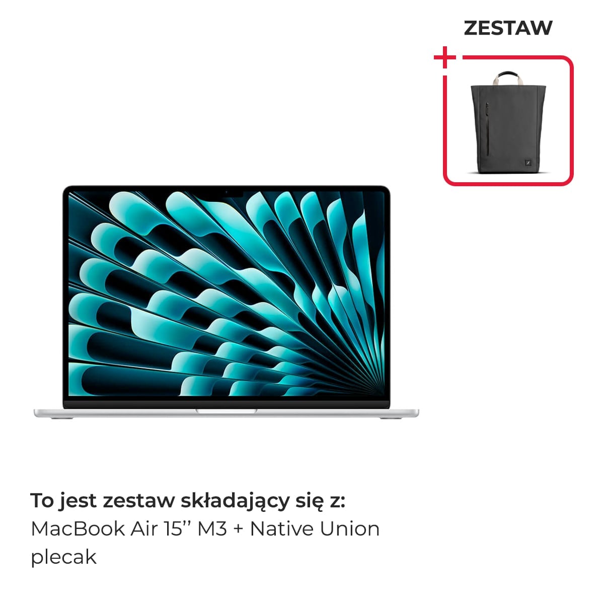 Apple MacBook Air 15 M3 8-core CPU + 10-core GPU / 8GB RAM / 512GB SSD / Srebrny (Silver) + Native Union Plecak 20 L - Czarny Apple MacBook Air 15 M3 8-core CPU + 10-core GPU / 8GB RAM / 512GB SSD / Srebrny (Silver) + Native Union Plecak 20 L - Czarny