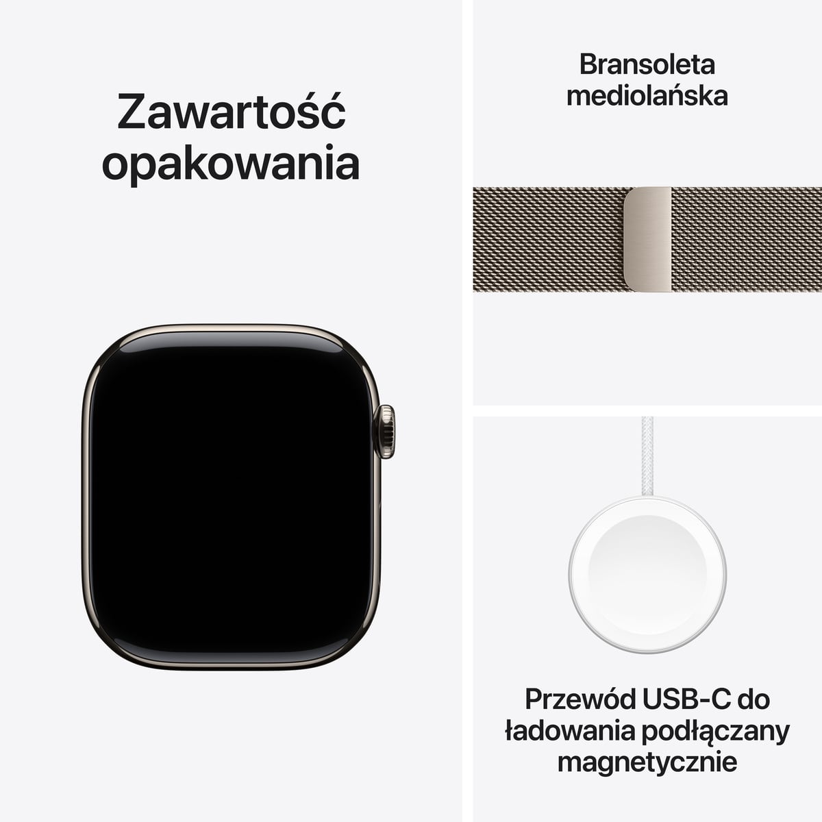 Apple Watch Series 11 GPS + Cellular Koperta 42mm z Tytanu w kolorze Naturalnym z Bransoletą mediolańską w kolorze Naturalnym - zawartość pudełka