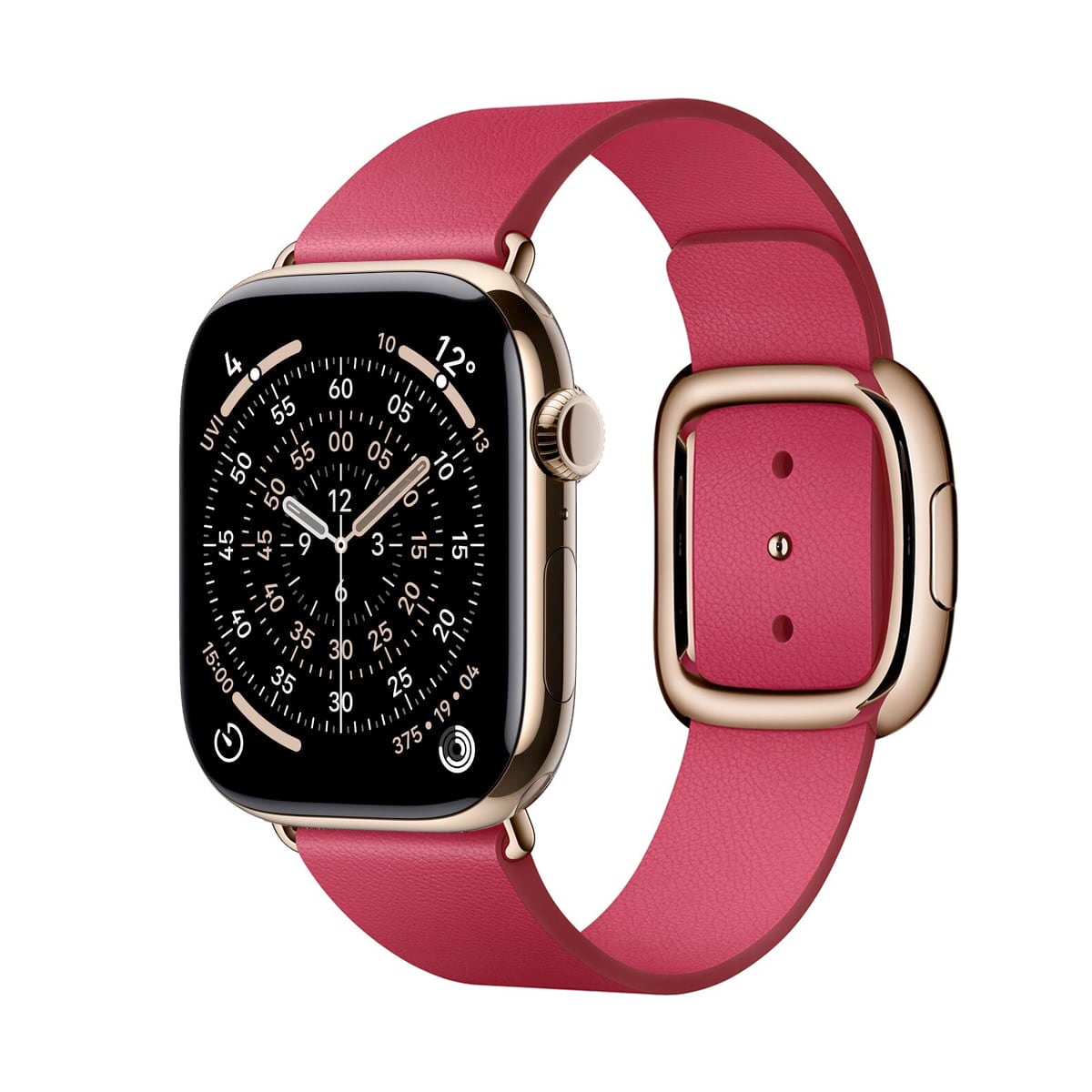 Apple Watch Series 11 GPS + Cellular Koperta 42mm z Tytanu w kolorze Złotym z Bransoletą Mediolańską w kolorze złotym - S/M + Pasek z klamrą nowoczesną w kolorze maliny - rozmiar S