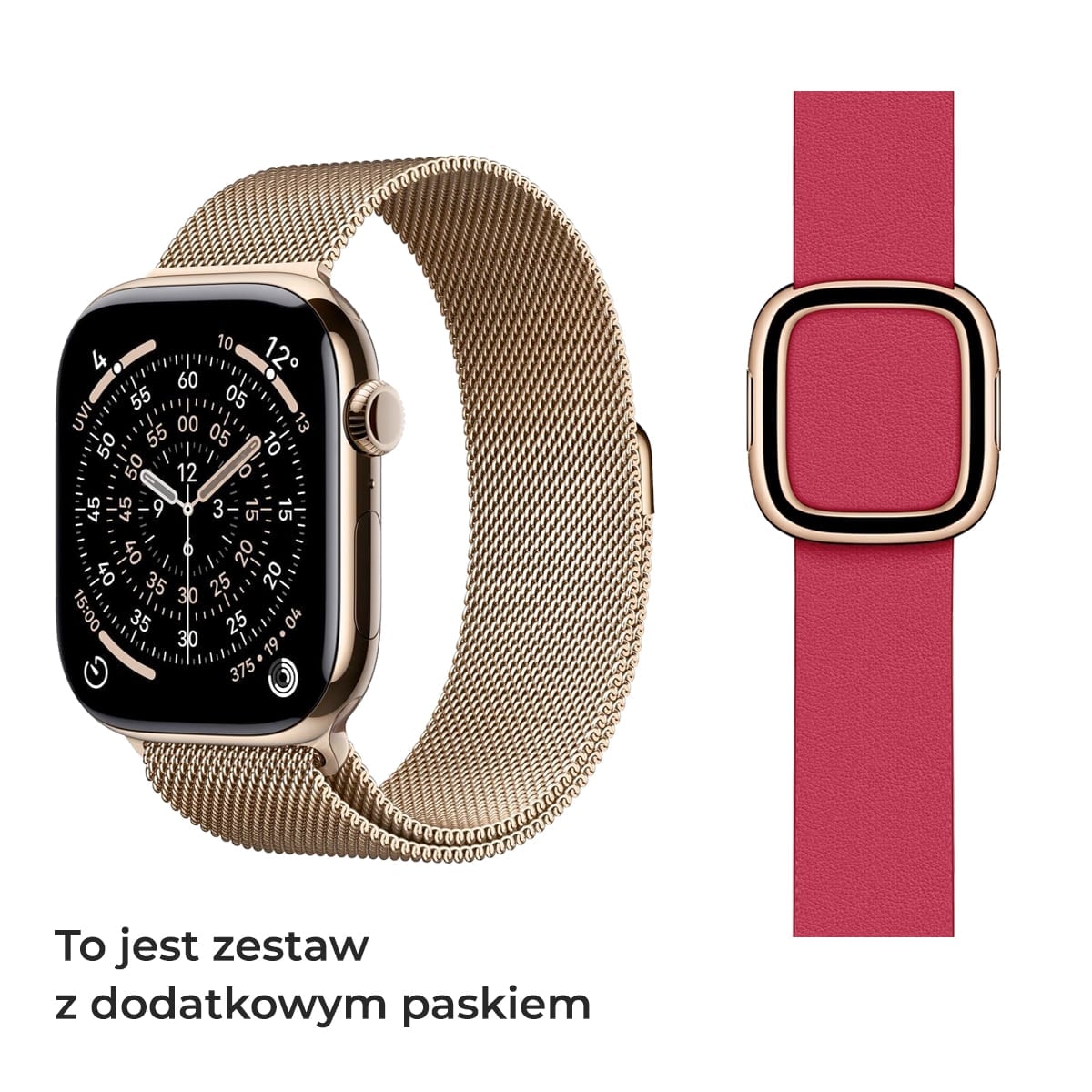 Apple Watch Series 11 GPS + Cellular Koperta 42mm z Tytanu w kolorze Złotym z Bransoletą Mediolańską w kolorze złotym - S/M + Pasek z klamrą nowoczesną w kolorze maliny - rozmiar S
