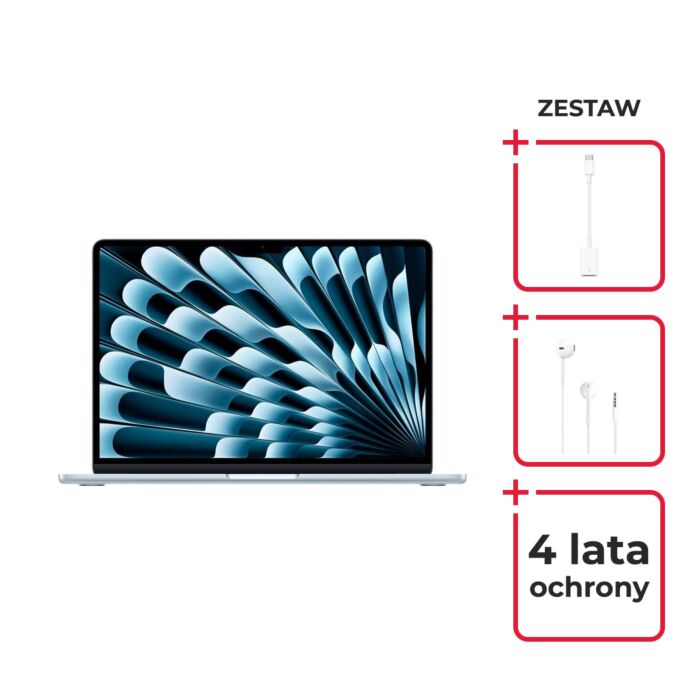 Apple MacBook Air 13 M4 10-core CPU + 8-core GPU / 16GB RAM / 256GB SSD / Błękitny (Sky Blue) + Service Pack Platinum PRO 4 lata + przejściówka USB-C na USB + Apple EarPods Słuchawki ze złączem Jack 3,5mm - MC6T4ZE/A/BF9 - zdjęcie 1 z 13