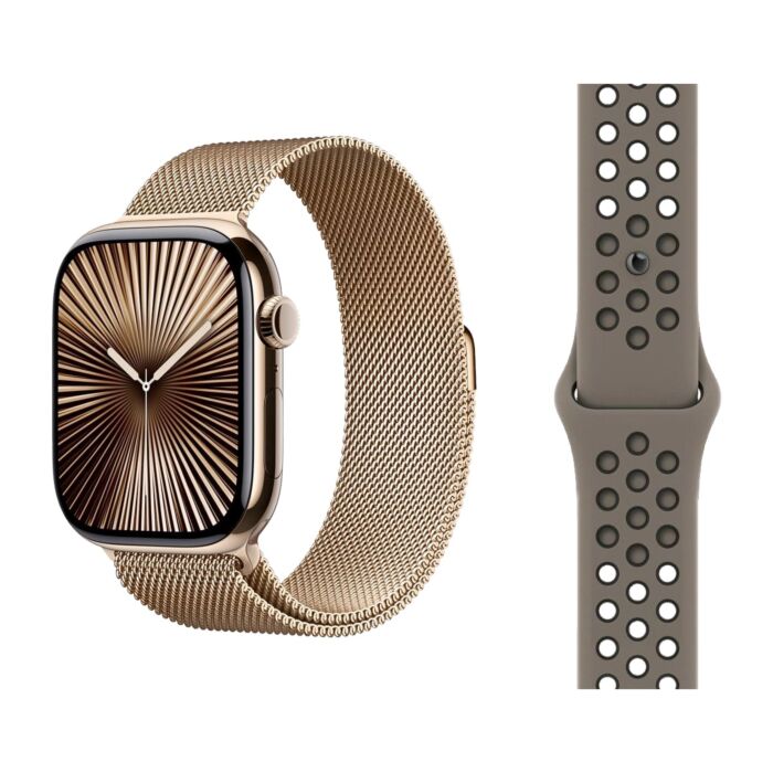 Apple Watch Series 10 GPS + Cellular Koperta 42mm z Tytanu w kolorze Złotym z Bransoletą mediolańską w kolorze Złotym + Pasek sportowy Nike w kolorze oliwkowym/czarnym - rozmiar S/M/L - MX083ET/V3 - zdjęcie 1 z 5