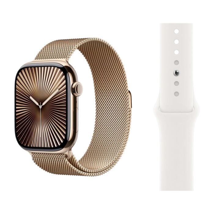 Apple Watch Series 10 GPS + Cellular Koperta 42mm z Tytanu w kolorze Złotym z Bransoletą mediolańską w kolorze Złotym + Pasek sportowy w kolorze białym - rozmiar S/M/L - MX083ET/V2 - zdjęcie 1 z 5