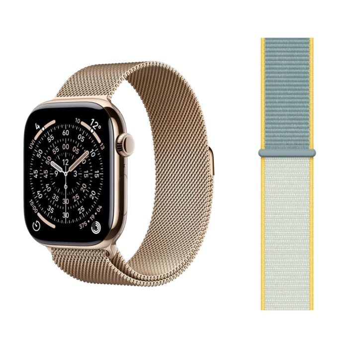 Apple Watch Series 11 GPS + Cellular Koperta 42mm z Tytanu w kolorze Złotym z Bransoletą Mediolańską w kolorze złotym - S/M + Opaska sportowa w kolorze promiennym - rozmiar uniwersalny - MF8Y4MP/V5 - zdjęcie 1 z 5