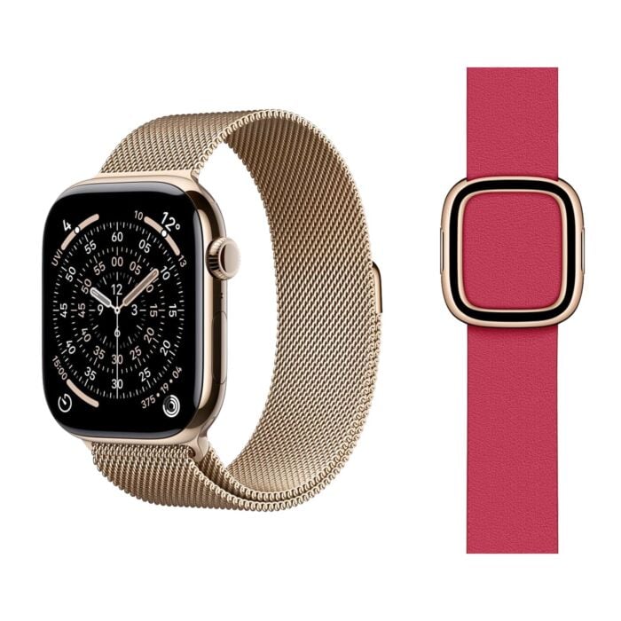 Apple Watch Series 11 GPS + Cellular Koperta 42mm z Tytanu w kolorze Złotym z Bransoletą Mediolańską w kolorze złotym - S/M + Pasek z klamrą nowoczesną w kolorze maliny - rozmiar S - MF8Y4MP/V6 - zdjęcie 1 z 5