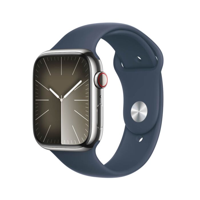 Apple Watch Series 9 GPS + Cellular Koperta 45mm ze Stali nierdzewnej w kolorze Srebrnym z Paskiem sportowym w kolorze Sztormowego błękitu - rozmiar M/L – Outlet - MRMP3QP/A/W316 - zdjęcie 1 z 10