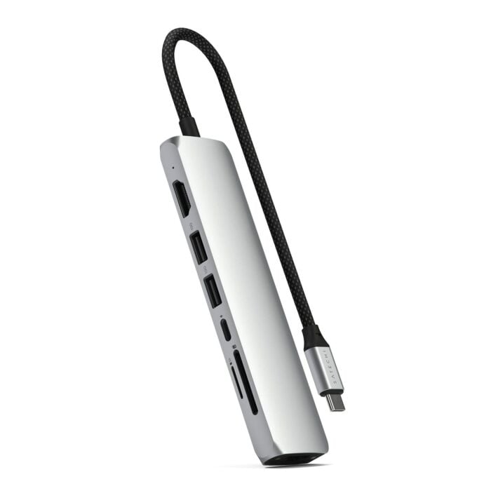 Satechi Slim Multiport Adapter Aluminiowy adapter do urządzeń mobilnych 7w1 USB-C / 2x USB-A / 4K HDMI / Enthernet / czytnik kart micro/SD - Srebrny - ST-P7SS - zdjęcie 1 z 7