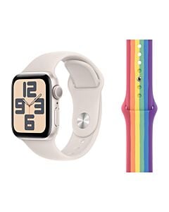 Apple Watch SE 2-gen. GPS Koperta 44mm z Aluminium w kolorze Księżycowej poświaty z Paskiem sportowym w kolorze Księżycowej poświaty - rozmiar S/M + Pasek sportowy w kolorze Pride Edition - rozmiar S/M/L
