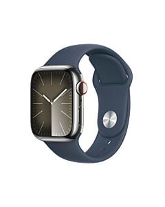 Apple Watch Series 9 GPS + Cellular Koperta 41mm ze Stali nierdzewnej w kolorze Srebrnym z Paskiem sportowym w kolorze Sztormowego błękitu - rozmiar S/M