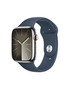 Apple Watch Series 9 GPS + Cellular Koperta 45mm ze Stali nierdzewnej w kolorze Srebrnym z Paskiem sportowym w kolorze Sztormowego błękitu - rozmiar M/L
