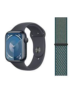 Apple Watch Series 9 GPS Koperta 45mm z Aluminium w kolorze Północy z Paskiem sportowym w kolorze Północy - rozmiar M/L + Opaska sportowa Nike w kolorze purpury/oceanicznej zieleni - rozmiar uniwersalny