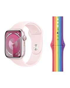 Apple Watch Series 9 GPS Koperta 45mm z Aluminium w kolorze Różowym z Paskiem sportowym w kolorze Jasnoróżówym - rozmiar M/L + Pasek sportowy w kolorze Pride Edition - rozmiar S/M/L