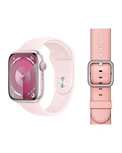 Apple Watch Series 9 GPS Koperta 45mm z Aluminium w kolorze Różowym z Paskiem sportowym w kolorze Jasnoróżówym - rozmiar M/L + Skórzany pasek z klamrą klasyczną w kolorze delikatnego różu - rozmiar M/L