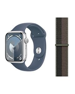 Apple Watch Series 9 GPS Koperta 45mm z Aluminium w kolorze Srebrnym z Paskiem sportowym w kolorze Sztormowego błękitu - rozmiar S/M + Opaska sportowa w kolorze szarego tornada - rozmiar XL