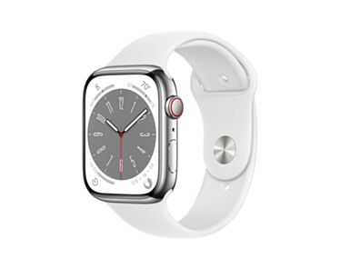 Apple Watch Series 8 GPS + Cellular Koperta 45mm ze Stali nierdzewnej w kolorze Srebrnym z Paskiem sportowym w kolrze Białym