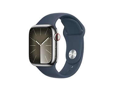 Apple Watch Series 9 GPS + Cellular Koperta 41mm ze Stali nierdzewnej w kolorze Srebrnym z Paskiem sportowym w kolorze Sztormowego błękitu - rozmiar S/M