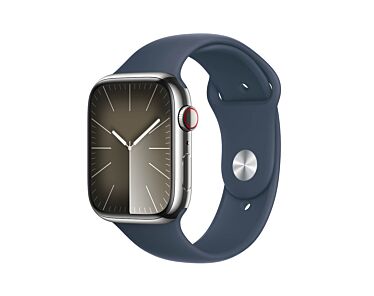 Apple Watch Series 9 GPS + Cellular Koperta 45mm ze Stali nierdzewnej w kolorze Srebrnym z Paskiem sportowym w kolorze Sztormowego błękitu - rozmiar M/L