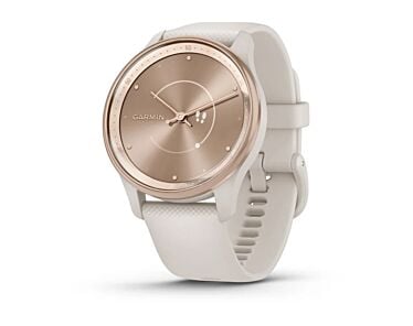 Garmin Vivomove Trend Smartwatch z kopertą 40mm bezel ze stali nierdzewnej w kolorze brzoskwiniowo-złotym z kopertą i silikonowym paskiem w kolorze jasnokremowym