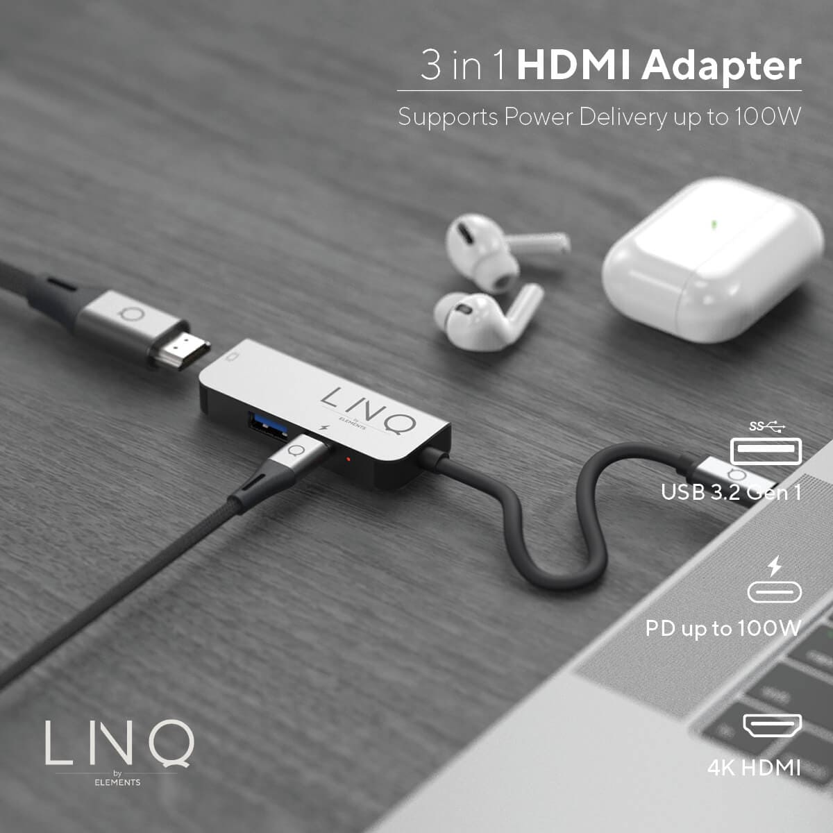 LINQ - HUB 3in1 USB-C HDMI - Space Gray LINQ - HUB 3in1 USB-C HDMI - Space Gray