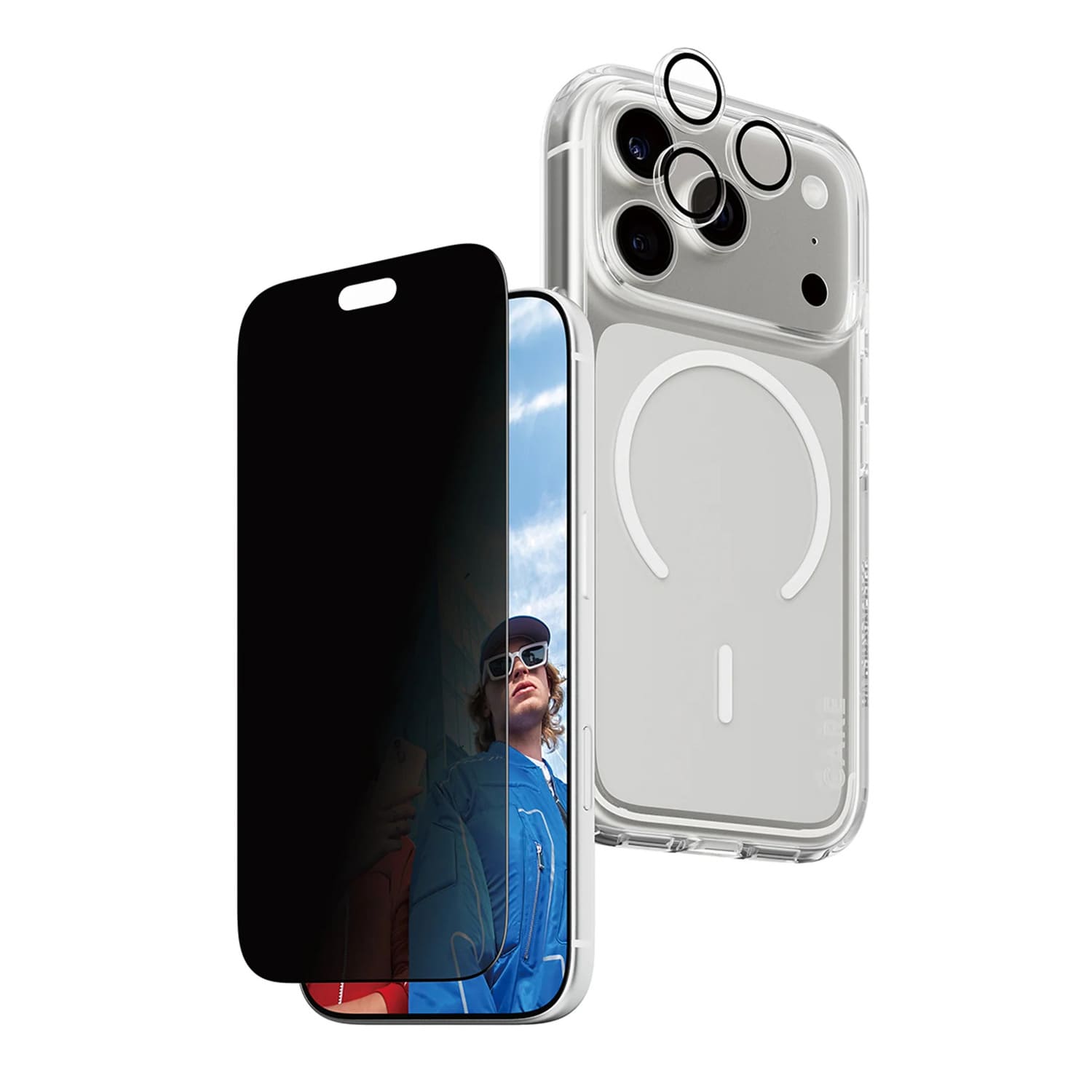 PanzerGlass Zestaw 3w1 Szkło prywatyzujące + szkło na obiektyw + CARE by PanzerGlass Flagship etui do iPhone 18 Pro - Przezroczyste 