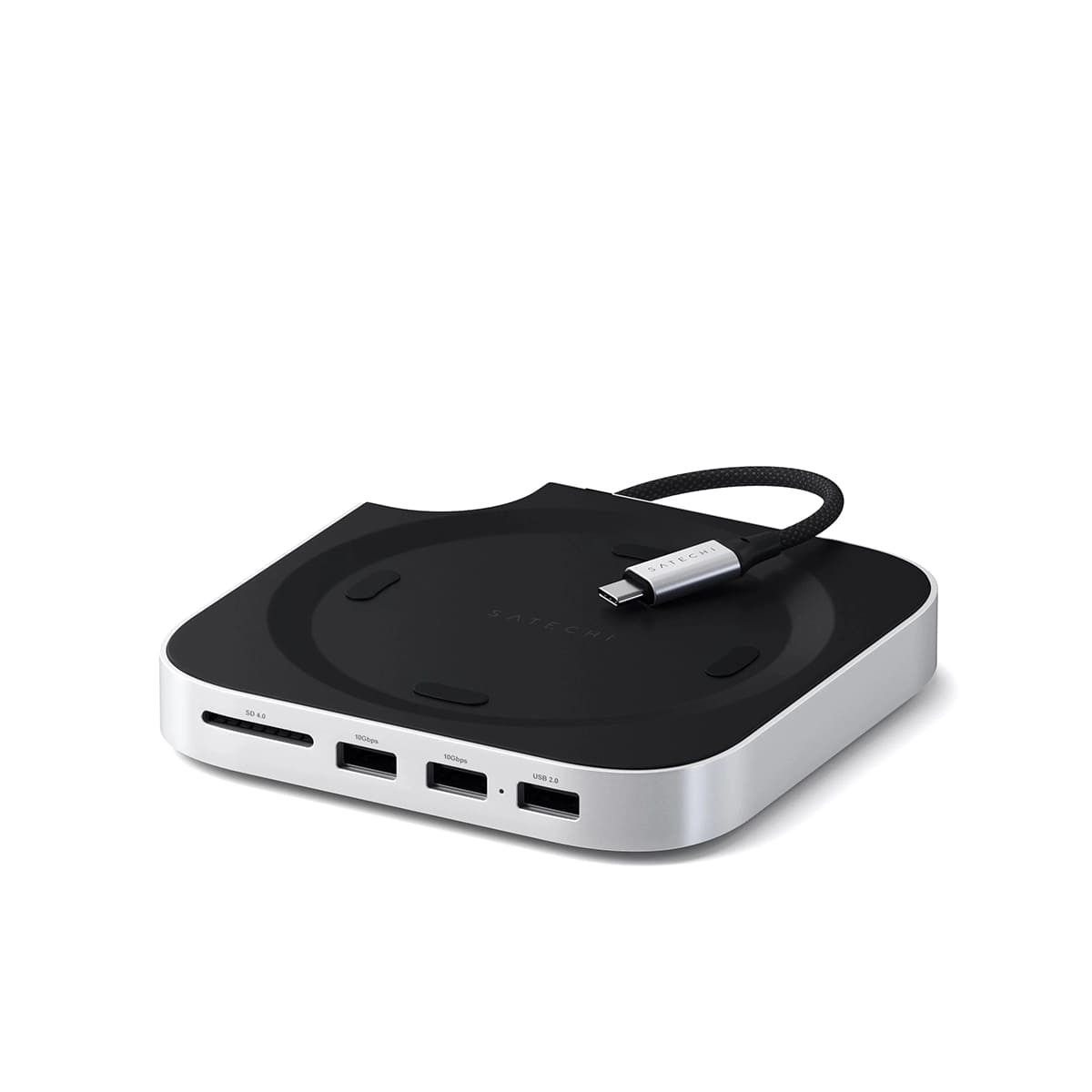 Satechi Mac Mini M4 Stand & Hub SSD Aluminiowa podstawka do Mac Mini z Hub USB-C host USB-C 3.2 gen. 2 / 2x USB-A 3.2 10Gpbs / USB-A 2.0 480Mbps / czytnik kart SD 4.0 UHS-II do 312 MB/s / kieszeń na dysk SSD NVMe) - Srebrna