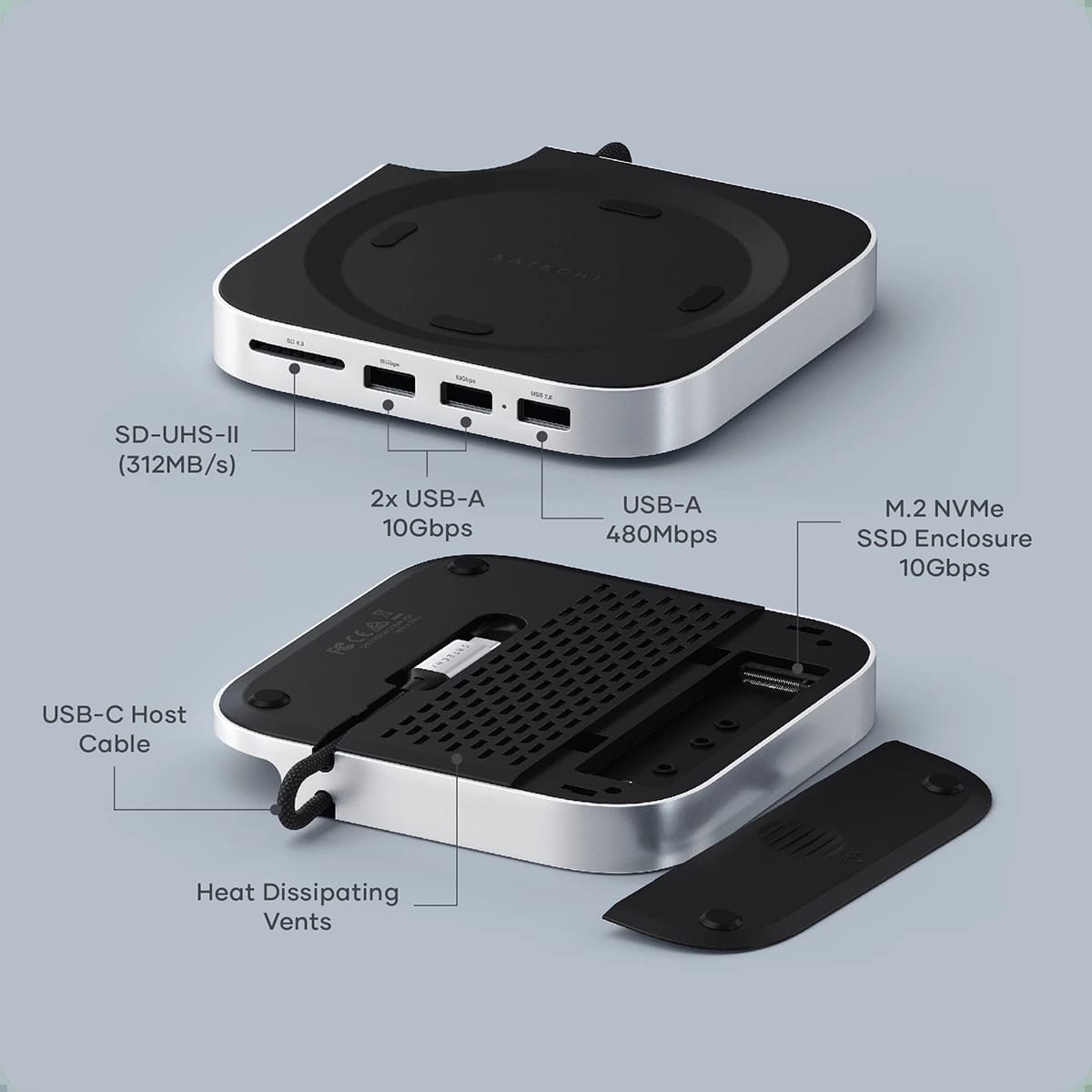 Satechi Mac Mini M4 Stand & Hub SSD Aluminiowa podstawka do Mac Mini z Hub USB-C host USB-C 3.2 gen. 2 / 2x USB-A 3.2 10Gpbs / USB-A 2.0 480Mbps / czytnik kart SD 4.0 UHS-II do 312 MB/s / kieszeń na dysk SSD NVMe) - Srebrna