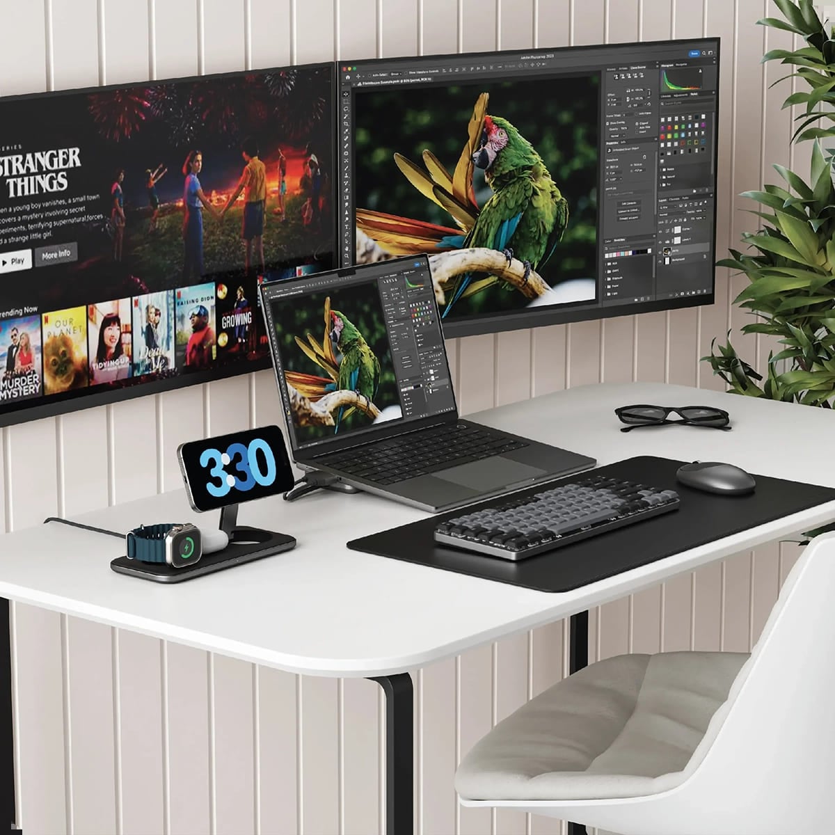 Satechi Qi2 Trio Wireless Charging Pad Magnetyczna ładowarka bezprzewodowa do trzech urządzeń AppleWatch 5W / AirPods 5W / Qi2 15W / w zestawie kabel 1m / ładowarka sieciowa 45W / wymienne wtyczki UK i EU - Gwiezdna szarość