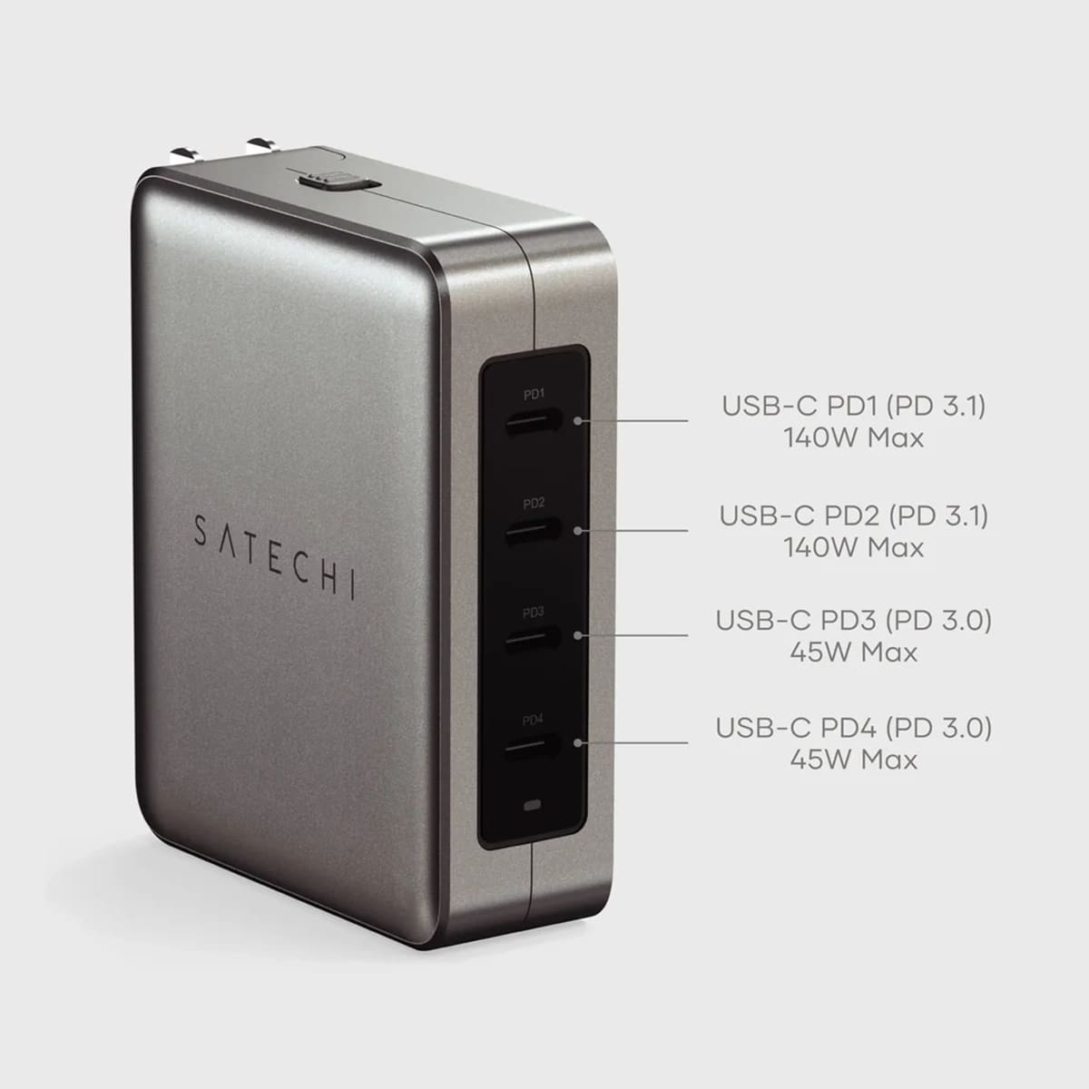Satechi Travel Charger Ładowarka sieciowa podróżna 4w1 o mocy do 145W  z 4 adapterami do gniazdek US / UK / EU / AS - Gwiezdna szarość