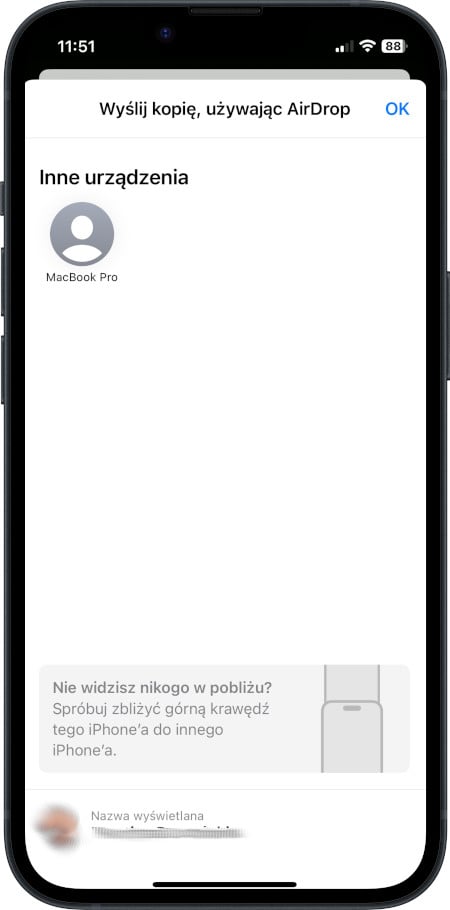 Funkcja AirDrop - przesyłanie pliku między iPhone a MacBook Pro