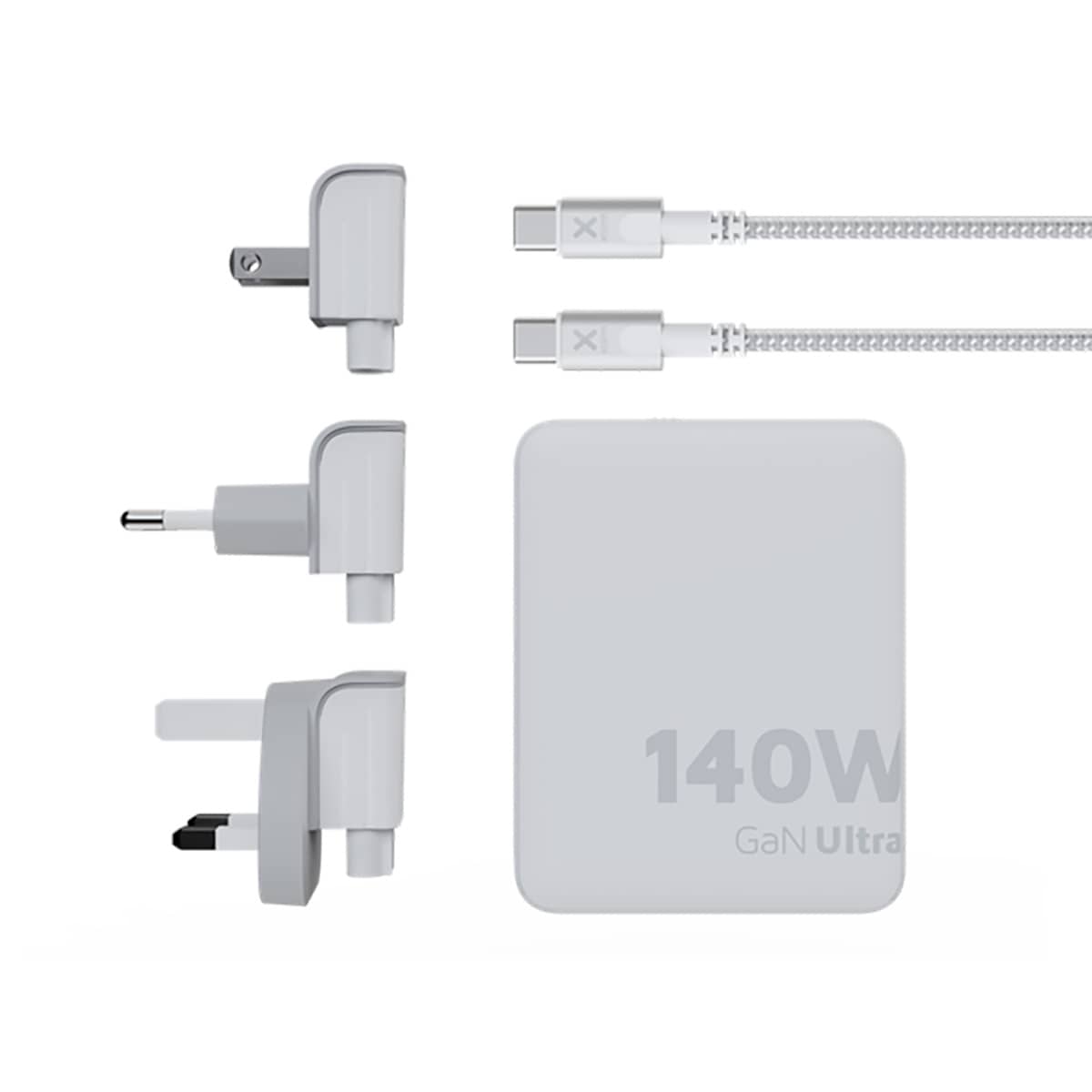 Xtorm GaN Ultra Ładowarka turystyczna 140W wtyczki EU/US/UK + kabel USB-C PD - Biała