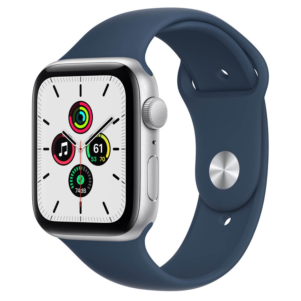 Apple Watch SE 44 mm GPS Aluminium w kolorze srebrnym z paskiem sportowym w kolorze błekitnej toni