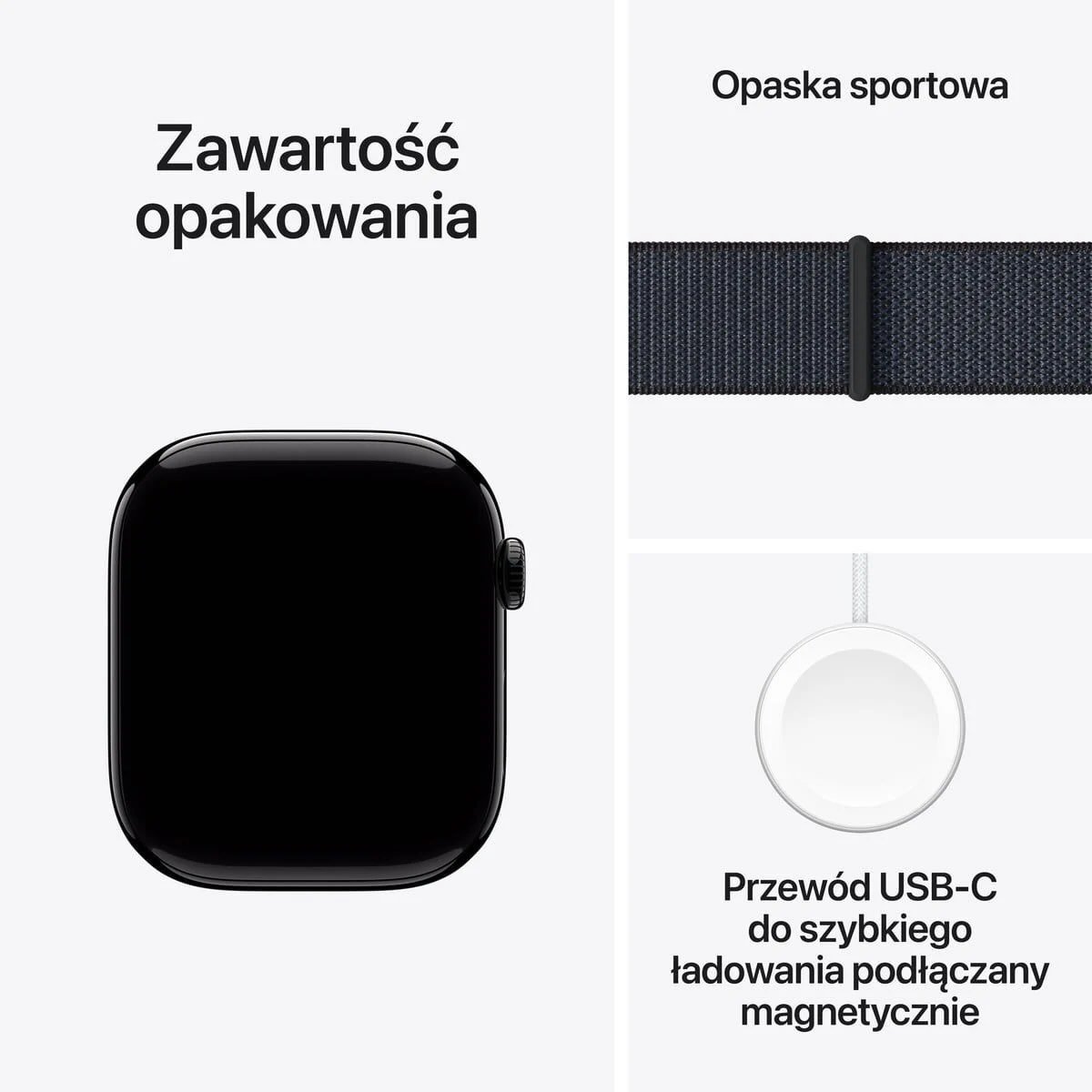 Apple Watch Series 10 GPS + Cellular Koperta 42mm z Aluminium w kolorze Onyksu z Opaską sportową w kolorze Atramentowym - zawawrtość opakowania