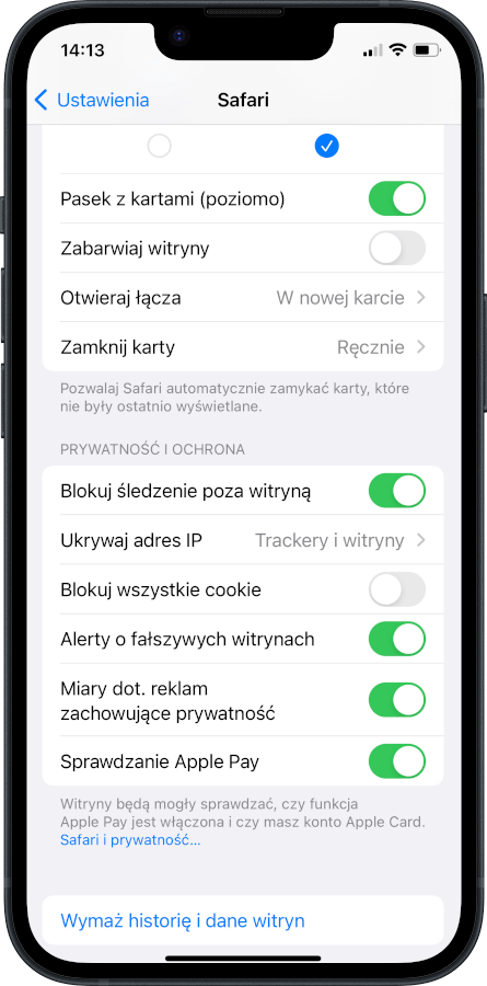 iPhone - Safari - wymaż historie i dane witryny 