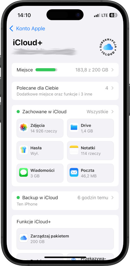 iPhone - iCloud przestrzeń na dysku