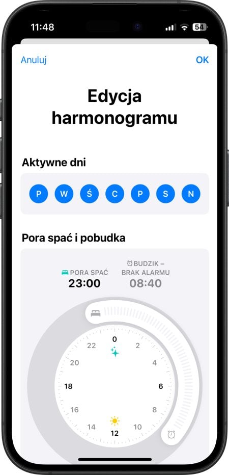 iPhone - ustawienie budzika przy użyciu funkcji harmonogram snu