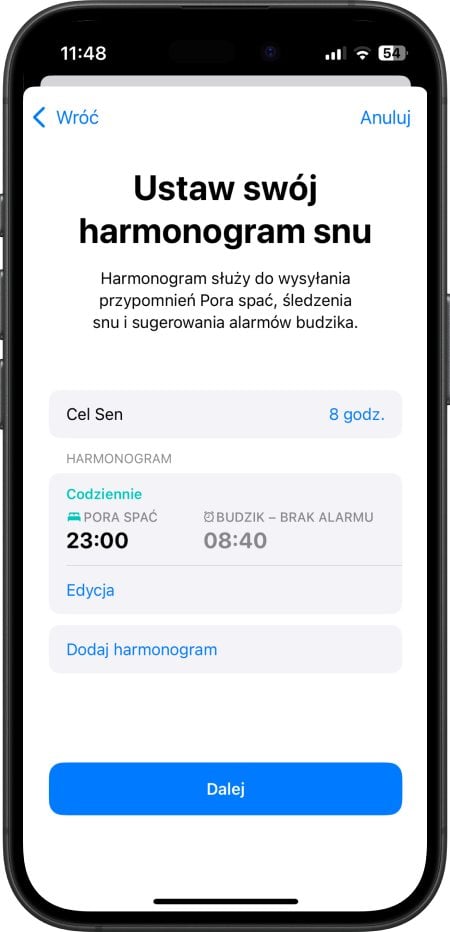 iPhone - ustawienie budzika przy użyciu funkcji harmonogram snu