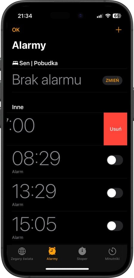 Usuwanie budzika w iPhone