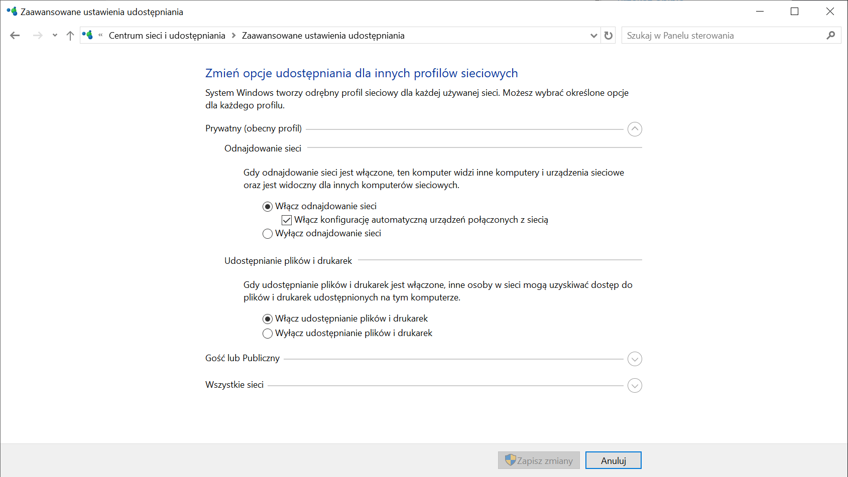 Windows - zaawansowane ustawienia udostępniania