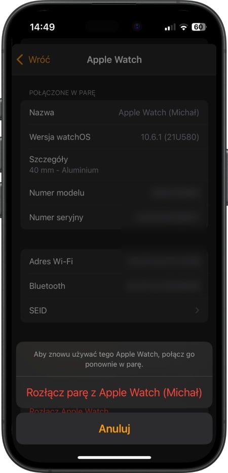 Rozłączenie Apple Watch z iPhone