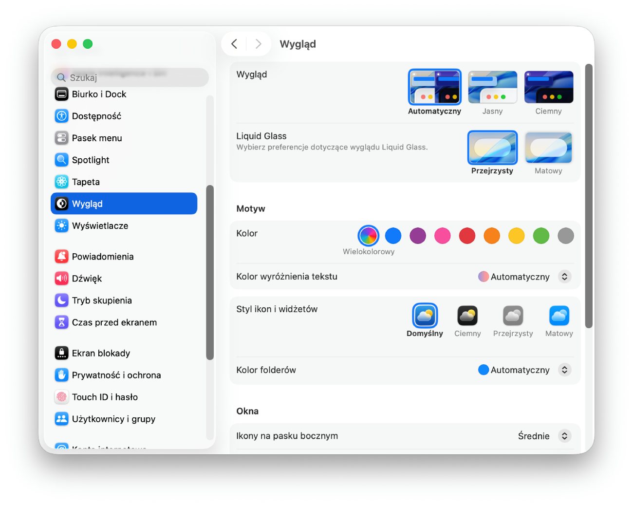 Ustawienia Liquid Glass