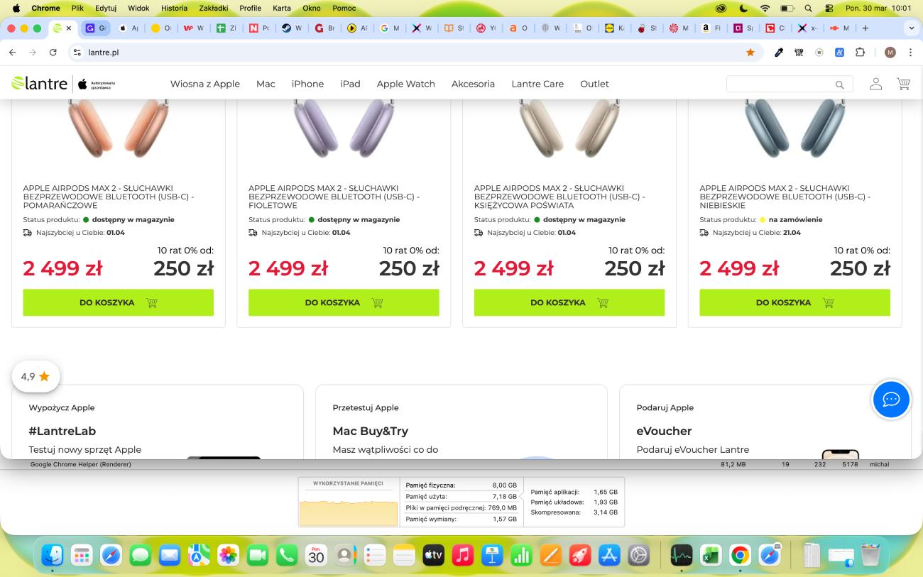 Zużycie RAM - przeglądatka Chrome