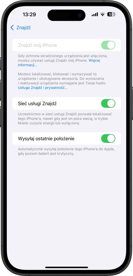Włączenie funkcji Znajdź w iPhone