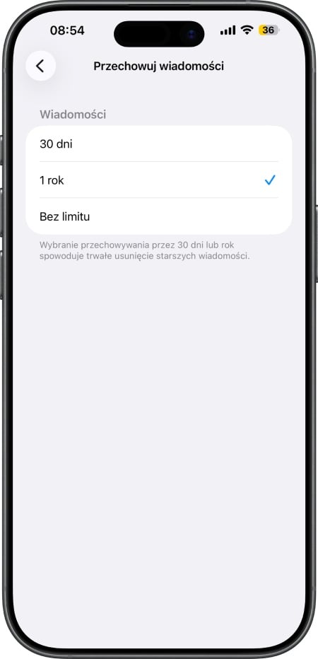 Ustawienia czasu przechowywania wiadomości w iPhone