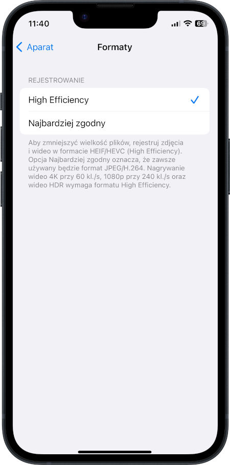 iPhone - tryb zdjęć High Efficiency