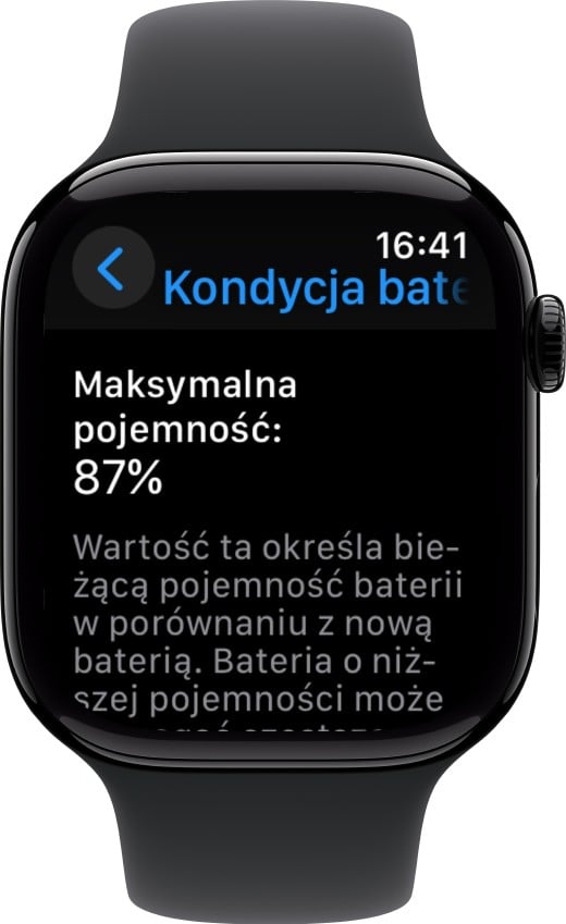 Informacje o maksymalnej pojemności baterii w Apple Watch