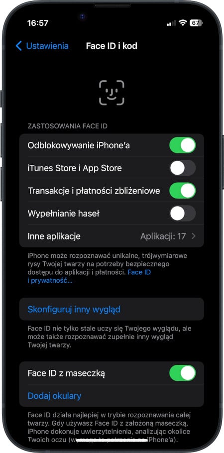 Face ID - ustawienia