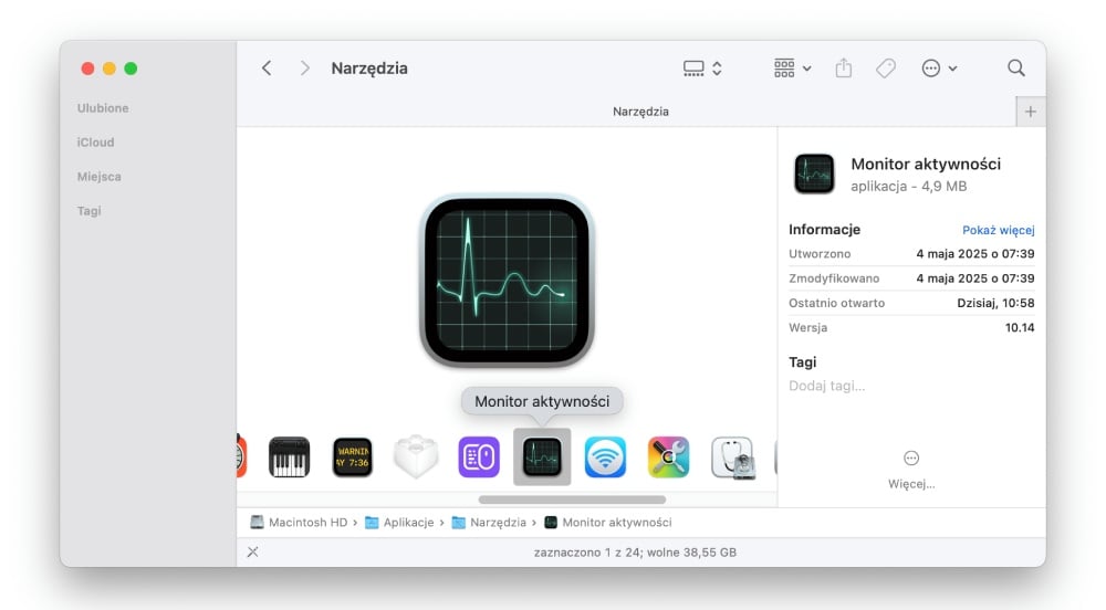 Otwarcie Menedżera zadań Mac za pomocą Findera