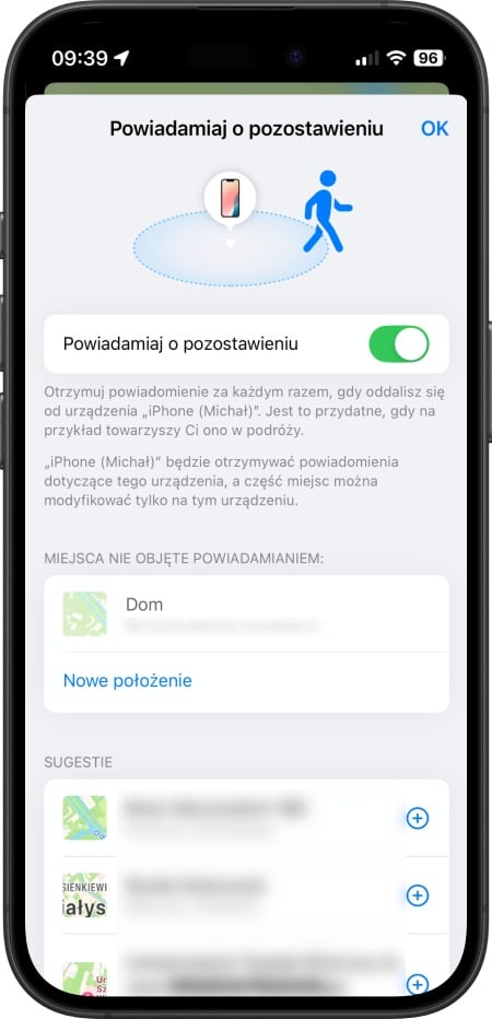 iPhone - włączenie funkcji funkcję Powiadaj o pozostawieniu
